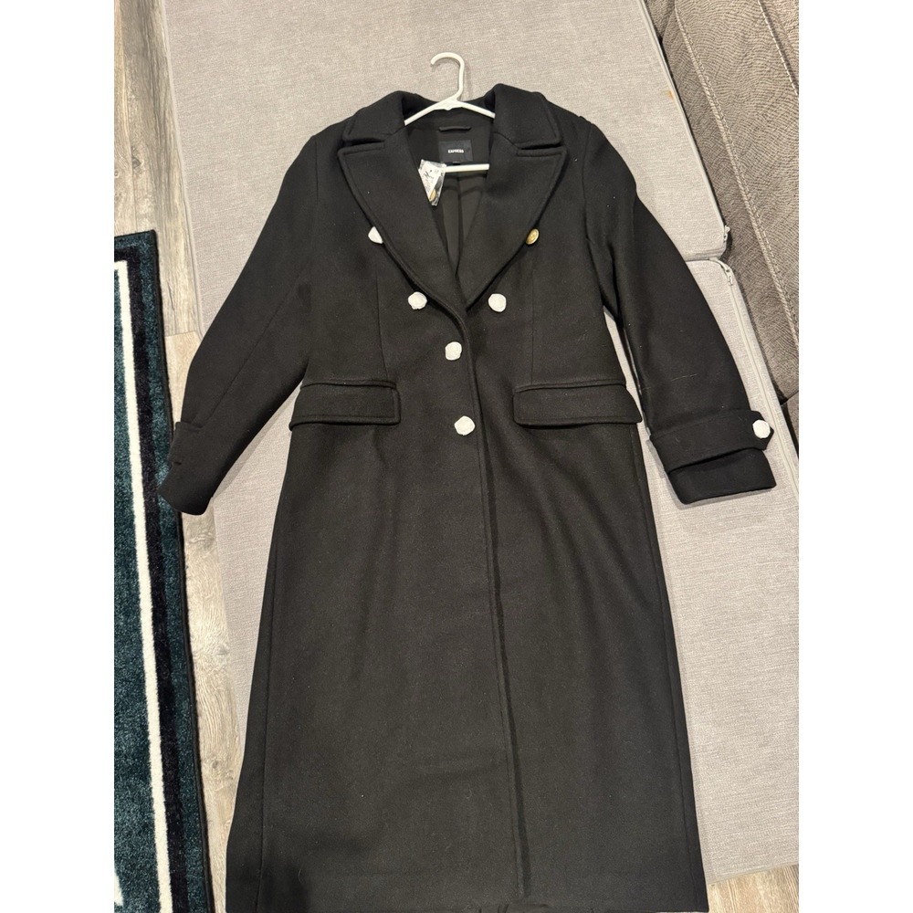 Wool Express Women's Black Double Breasted Military Long Coat Gold Crest Buttons